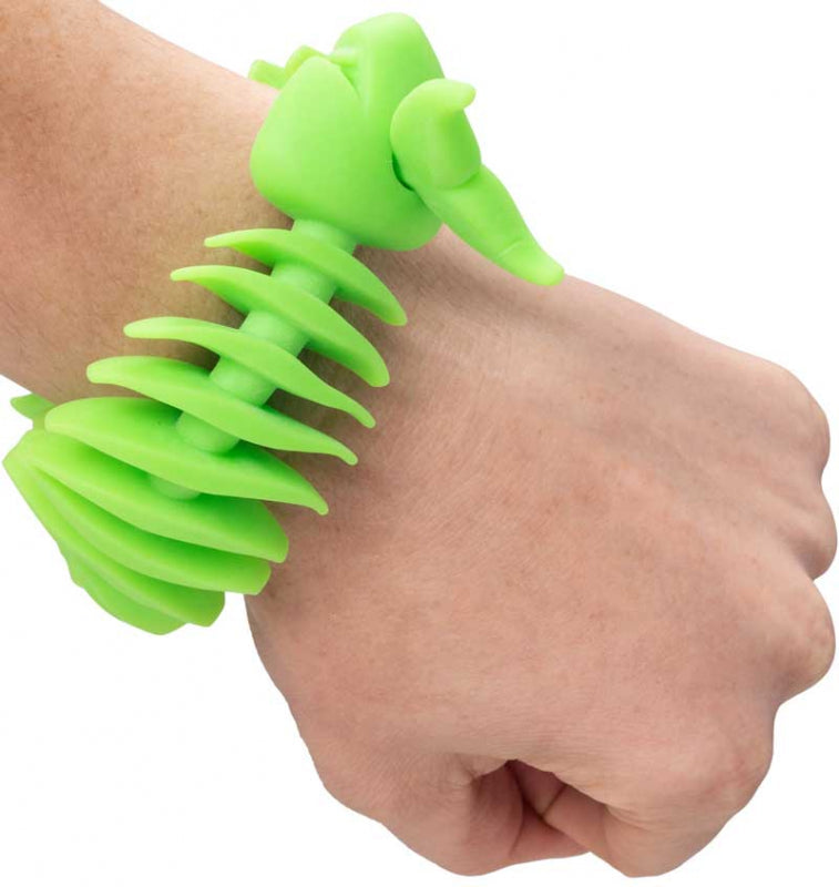 Green Creepsterz SKEL-I-FISH stretchy fidget toy wrapped around a wrist