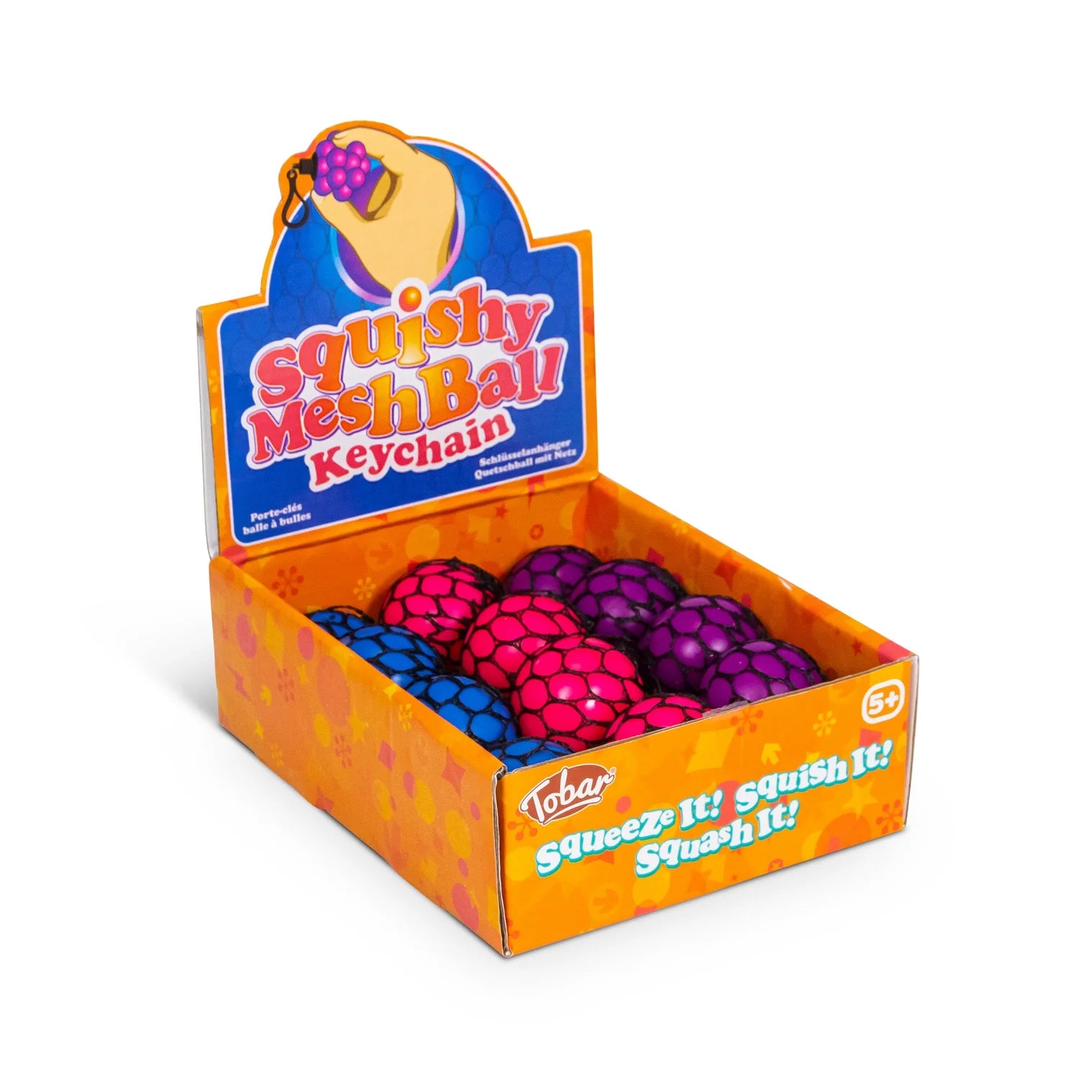 Box of Squishy Mesh Ball Keychains with colorful balls inside on a white background