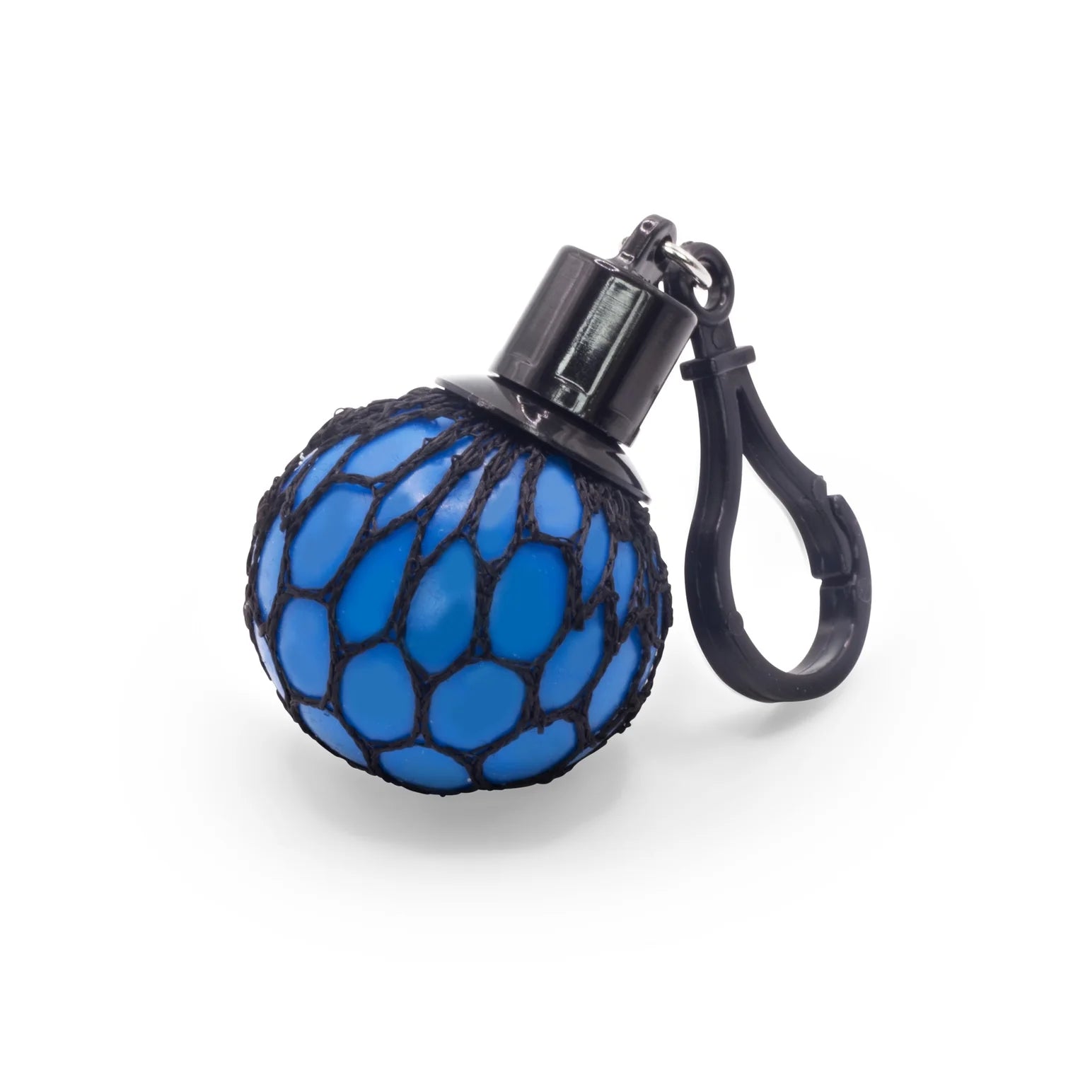 Blue textured ball with a black carabiner on a white background