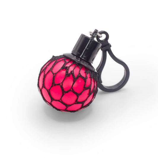Keychain with a pink textured ball and black metal clip on a white background