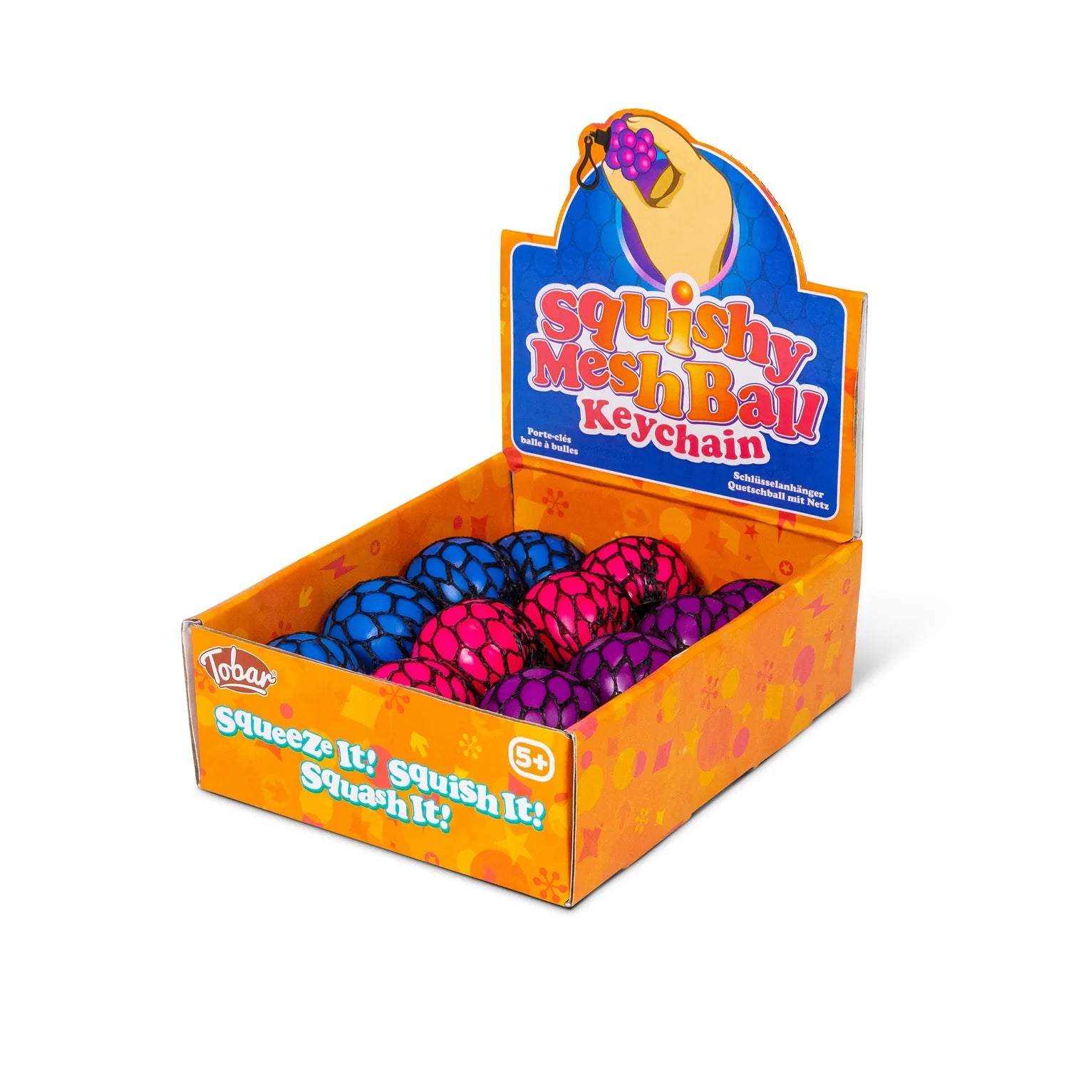 Box of Squishy Mesh Ball Keychains with colorful balls inside on a white background