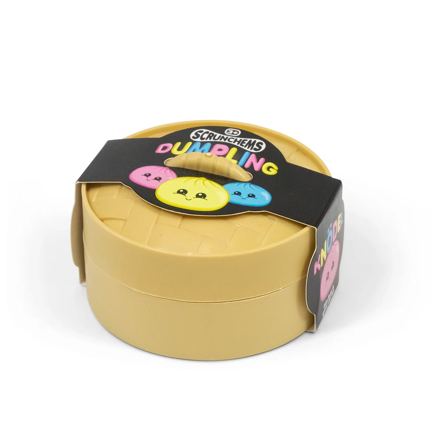 Round yellow container with black lid featuring colorful cartoon faces on a white background