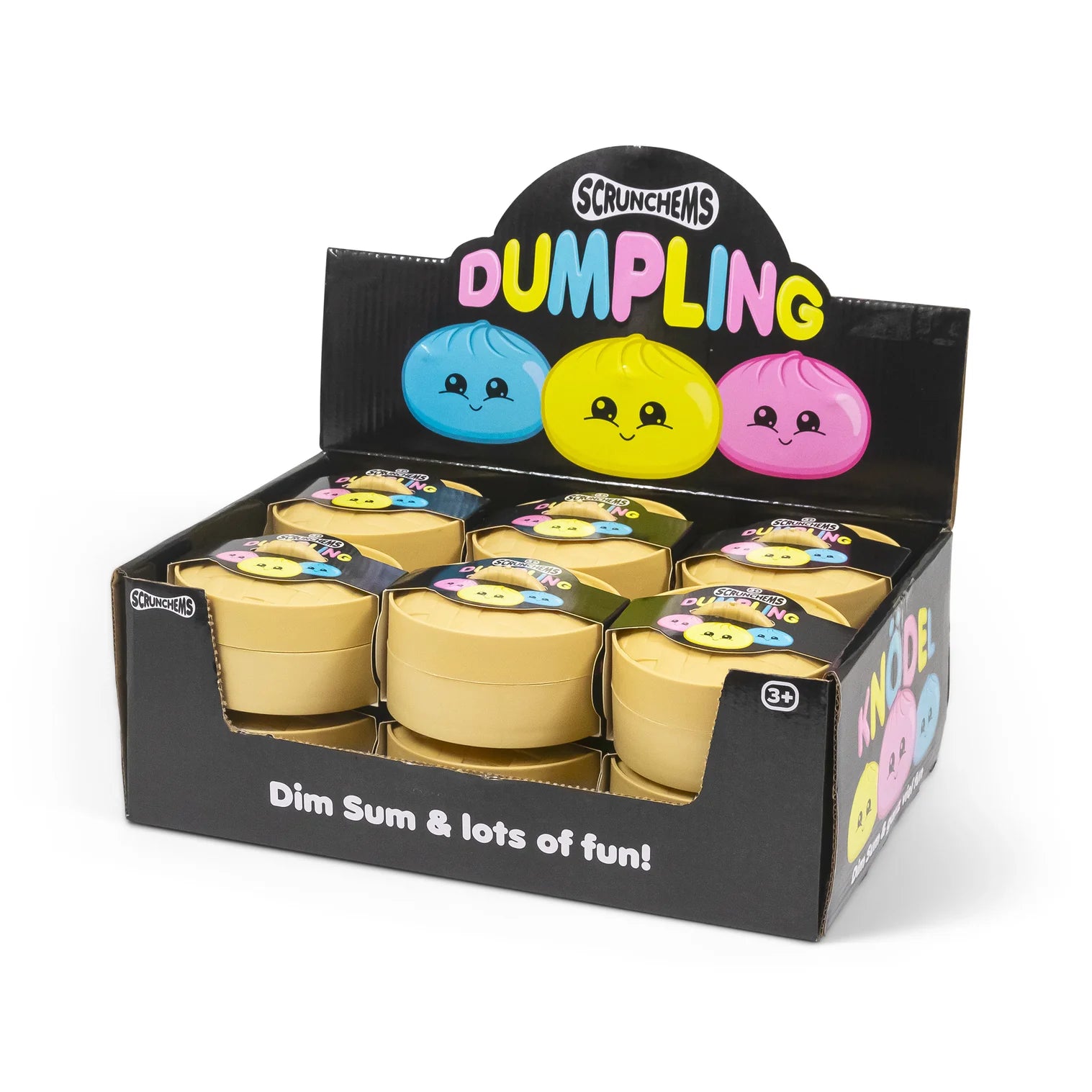 Display box of Scrunchems Dumpling toys with colorful dumpling figures inside.