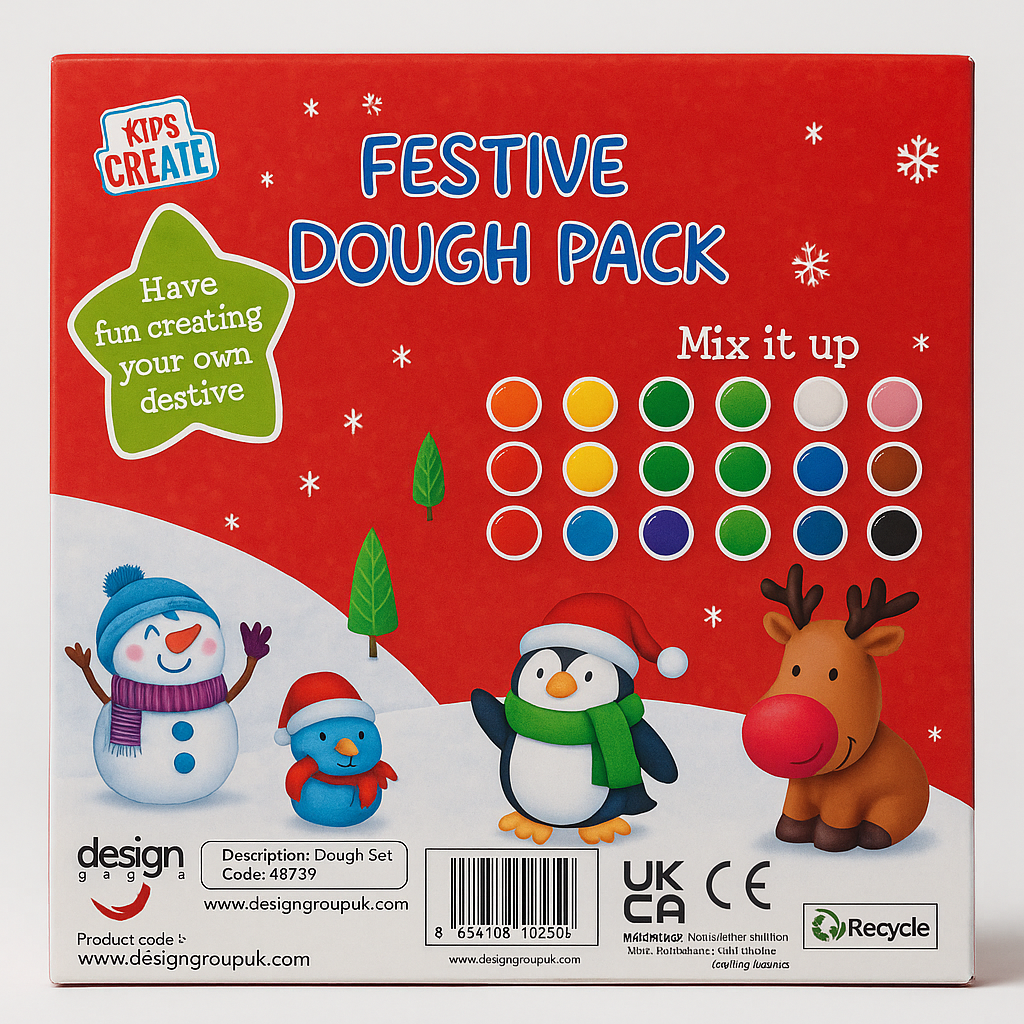 Clean packaging image of the Festive Dough Pack back panel featuring festive characters and colour guide, photographed against a plain white background for e-commerce display.