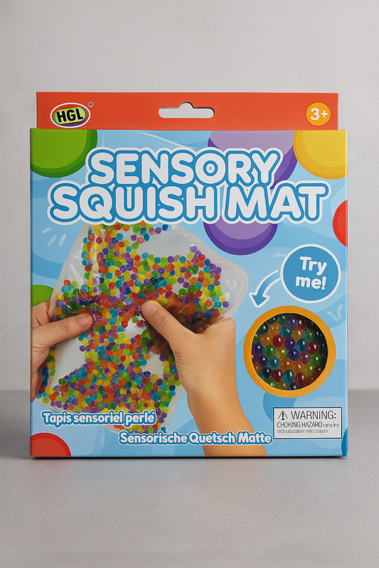 HGL Sensory Squish Mat front view with hands pressing beads”